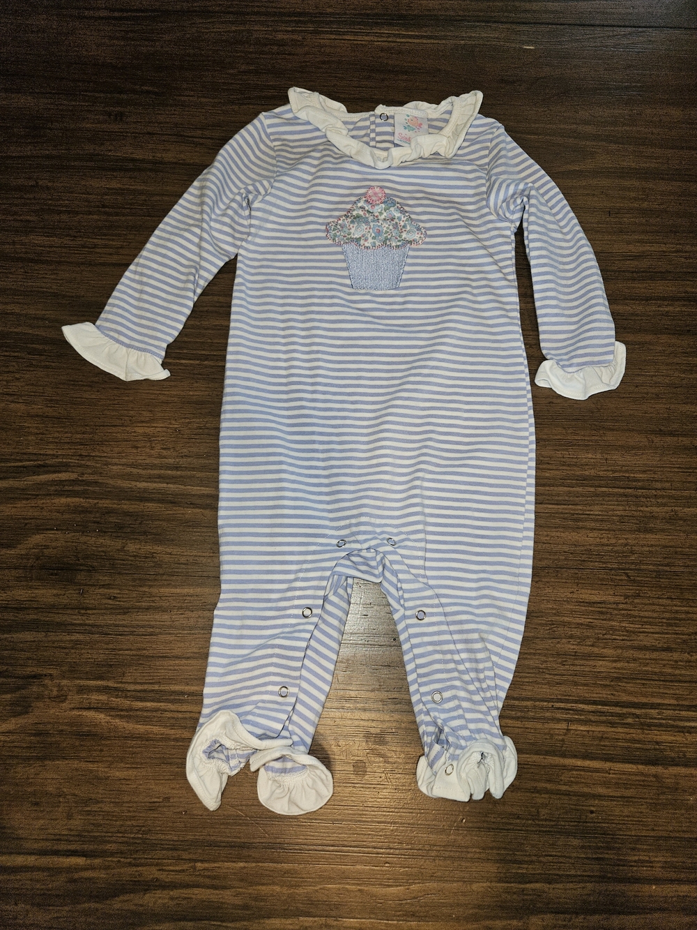 Baby Blue & White Striped Cupcake Applique Romper